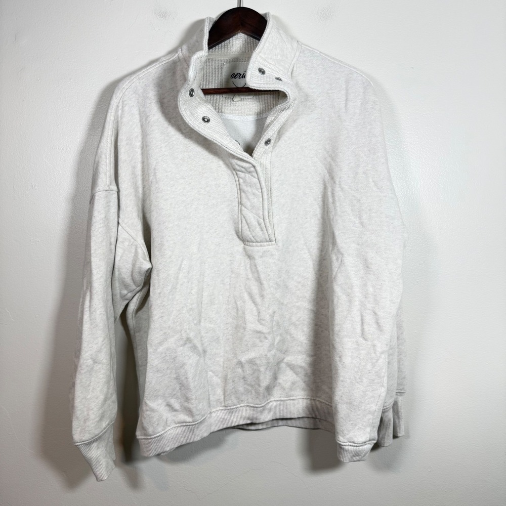 Aerie Sunday Soft Quarter Snap Oversized Pullover Sweatshirt Size M Oatmeal